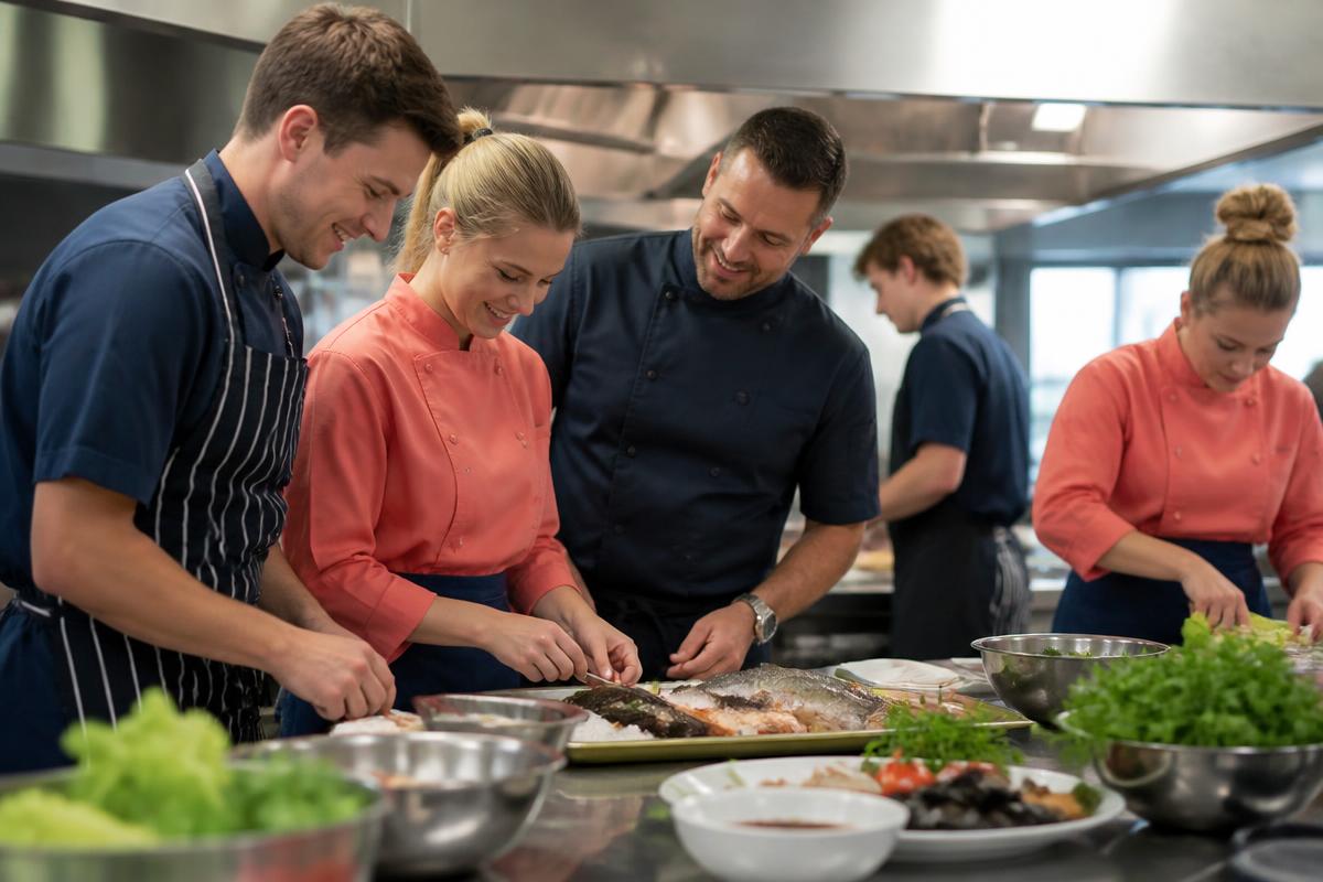 VIITE cookery students training with professional chefs in a commercial kitchen